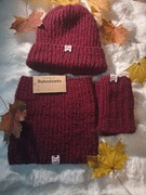 Bordowy/ burgundowy komplet czapka komin mitenki wełna jedwab