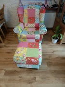 Fotel uszak patchwork oryginalny unikat kwiaty podnóżek kwiaty 