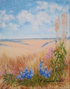 OBRAZ RĘCZNIE MALOWANY PEJZAŻ AKRYLOWY "ZŁOTE ŁANY" - 30x24cm