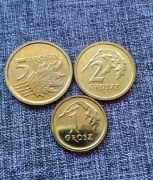 1 gr grosz  2 gr grosze i 5 gr groszy 2013 r RM Royal Mint. TRZY MONETY