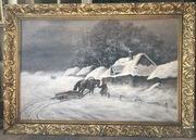 Zima. Piękny obraz olej na płótnie. Duży w ozdobnej ramie 