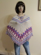 STEFANEL swetrowe kremowe ponczo wzory etno frędzle bawełna i len_ XS/S/M