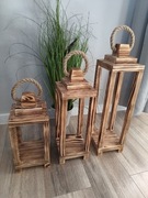 Lampiony drewniane zestaw 3 sztuki opalane 35 45 55
