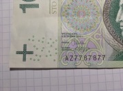 Banknot 100 zł 2012 r. – numer radarowy (AZ 7787877) – UNC