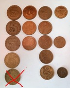 Zestaw 15 monet obiegowych PRL 1 gr, 2 gr, 5 gr, 2 zł, 5 zł, 10 zł.