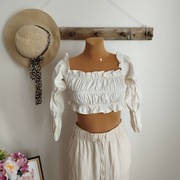 Bluzka PrettyLittleThing r 36,kremowy crop top  bufiastymi rękawami