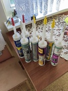 Materiały budowlane, akryl, farba, krążki, taśmy 