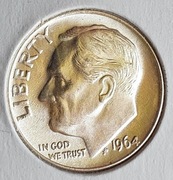 1 DIME , 10 centów, 1964 D ,Roosevelt , Ag900, USA