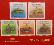 Znaczki fauna:769: węże, jaszczurki- gady- Węgry 1989r **