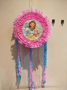 Piniata koci domek Gabi różowo niebieska z tasiemkami 