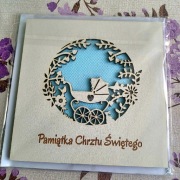 Kartka Drewniana Pamiątka Chrztu Świętego Laserowa Wózek Kwiaty Cyrkonie 