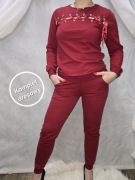 Bordowy czerwony winny komplet dresowy Bluza spodnie seksi dekolt S M 