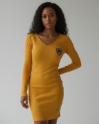 Prążkowana sukienka z cyrkoniową aplikacją, musztardowa