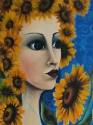 Dziewczyna i słoneczniki. Obraz ręcznie malowany.