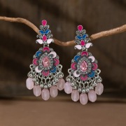 Długie wiszące kolczyki orient srebrny kolor kolorowe różowe retro boho