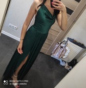 Suknia satynowa, butelkowa zieleń, dluga z rozcieciem 