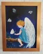 Obraz olejny na płótnie - "Aniol z motylem" - OPRAWIONY - komunia / chrzest