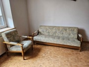 Drewniany zestaw wersalka oraz 2 fotele