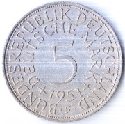 NIEMCY 5 marek 1951 F, KM# 112, stan: 3/XF, srebro 625, 11,2g