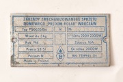 Tabliczka znamionowa kolekcjonerska z PRL PREDOM Polar pralka PS663S Bio 