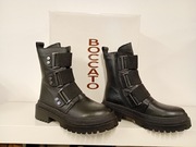 Damskie trapery skórzane czarne BOCCATO  botki na platformie, ozdobne paski