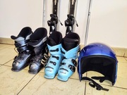 Komplet dziecięcy Narty 96 cm, 2 x Buty 19-20,5cm (31-32), Kask XS, Kijki