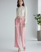 Eleganckie, wiskozowe szerokie spodnie z paskiem - masełko - pudrowy róż