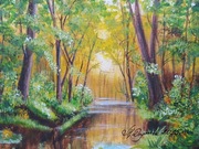 OBRAZ RĘCZNIE MALOWANY PEJZAŻ AKRYLOWY "LEŚNY ZACHÓD" - 24x30cm