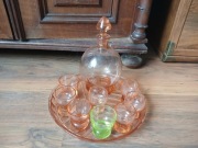 Stary zestaw art deco Zabkowice rozalinowy karafka kieliszki taca