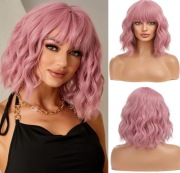 Peruka krótka falowana róż bob z grzywką naturalna 30 cm
