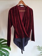 Bordowe welurowe body damskie M z długim rękawem na zakładkę dekolt v