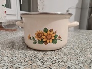 Stary garnek emaliowany prl biały kwiaty