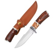 Wysokiej klasy stalowy nóż myśliwski. Kolorowy drewniany uchwyt 