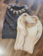 2x sweter damski sweterek długi oversize z futerkiem dekolt 