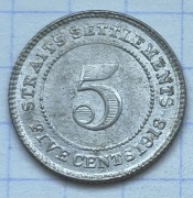 #4008 Straits Settlements 5 centów 1918 srebro rzadka ladna