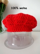 NOWY BERET DAMSKI 100% WEŁNA WEŁNIANY SZYDEŁKOWY HANDMADE CZERWONY CIEPŁY