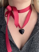 Naszyjnik z sercem 3d na bordowej taśmie satynowej handmade