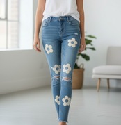 Jeansy flowers push up premium denim - kwiatowe aplikacje L, wyprzedaż