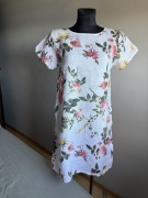 Włoska Iniana sukienka w kwiaty biała 100 % len piękna M L