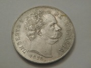 5 lirów 1878 rok. Umberto I. Srebro 900. Replika.