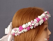 Biało c. różowy wianek, wianuszek komunijny z perełkami