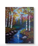 Obraz ręcznie malowany "Brzozy nad potokiem" 30x25 Akryl