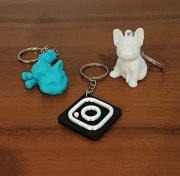 Zestaw breloków wykonanych na drukarce 3D: lis, pies, Instagram z chipem
