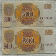 Łotwa II. Republika LVR 2 x 500 rubli 1992 P# 42 Numery po kolei Rzadkie