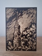 Wieża kościelna w deszczu, A4, sklejka (prezent, obraz, ozdoba, pirografia)