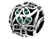 Srebrny charms kulka do bransoletki kwiatki z zielonymi cyrkoniami