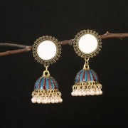 Duże kolczyki indyjskie jhumki kolor złoty niebieski bordowy lusterko