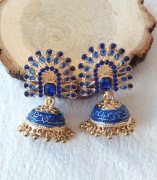 Duże orientalne kolczyki złoty kolor niebieska emalia cyrkonie Bollywood