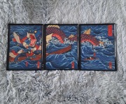 Tryptyk 30 x 40 Pokemon Gyarados & Braviary Japońska sztuka drzewortytu. 