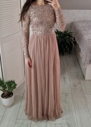 Maya deluxe cekinowa tiulowa sukienka długa maxi z długim rękawem 34 XS